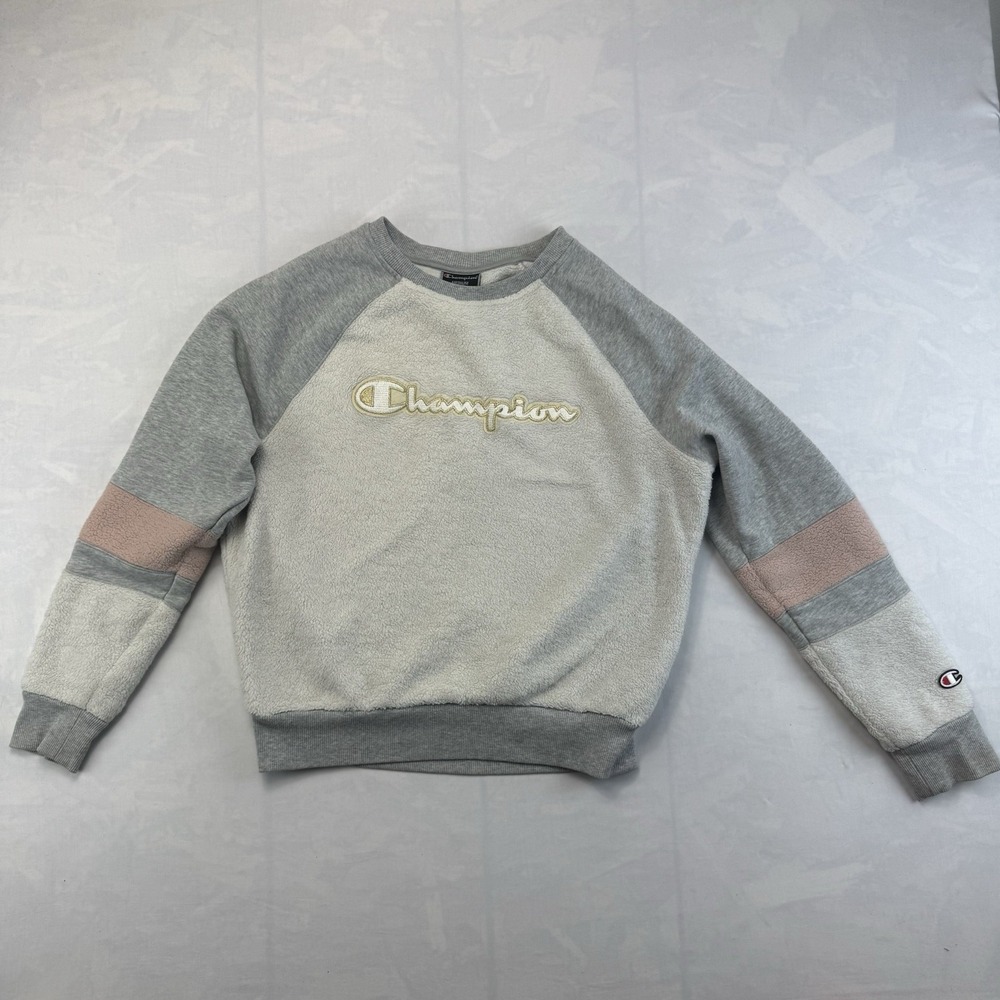 Champion Sherpa Sweatshirt Womens Medium Gray Colorblock Fleece Logo